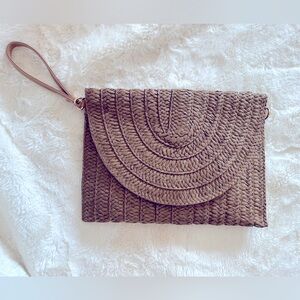 NWOT Brown Woven Straw Clutch w/ Shoulder Strap
